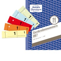 Formularbuch DIN A6, Beschreibung: Garderobenummern, 1 – 500 = 1 Buch, 2x jede Farbe