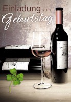 Einladungskarte Geburtstag "Weinflasche und Kleeblatt" 5er Beutel